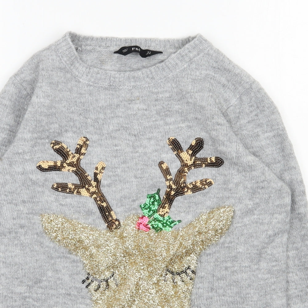 F&F Womens Grey Round Neck  Acrylic Pullover Jumper Size 8   - Christmas Jumper