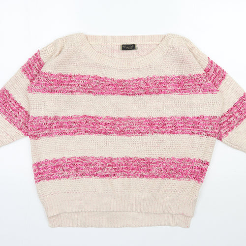 Originals Womens Beige Scoop Neck Striped Acrylic Pullover Jumper Size L