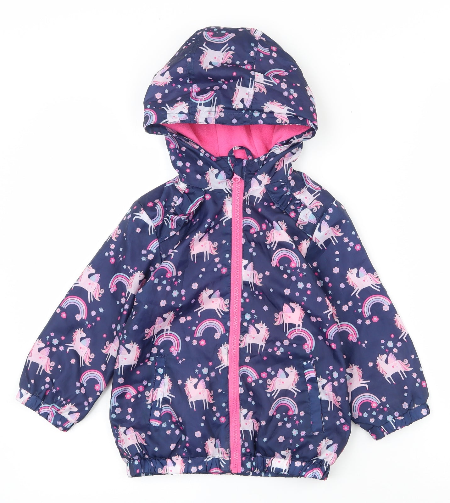 Matalan Girls Blue Floral  Basic Coat Coat Size 2-3 Years  Zip - Unicorn print