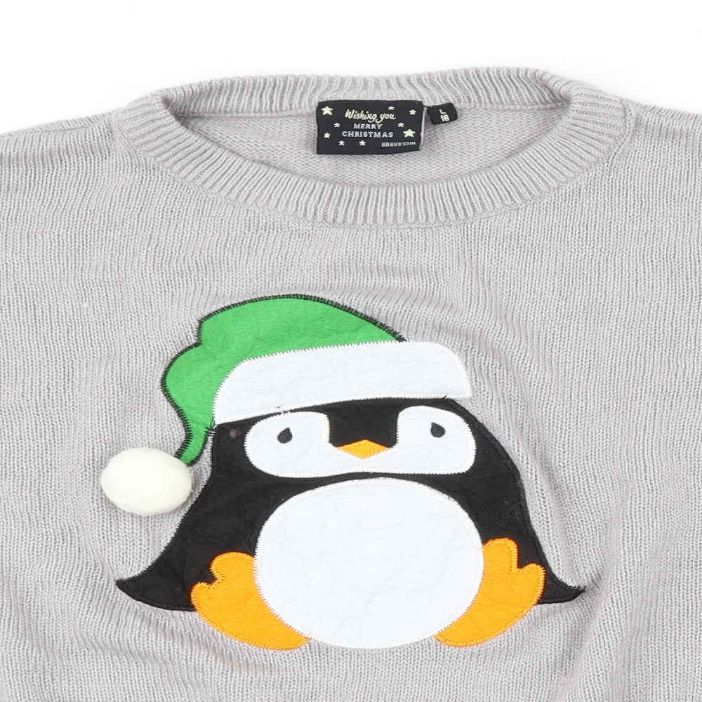 Brave Soul Womens Grey Round Neck  Acrylic Pullover Jumper Size 16   - Christmas jumper