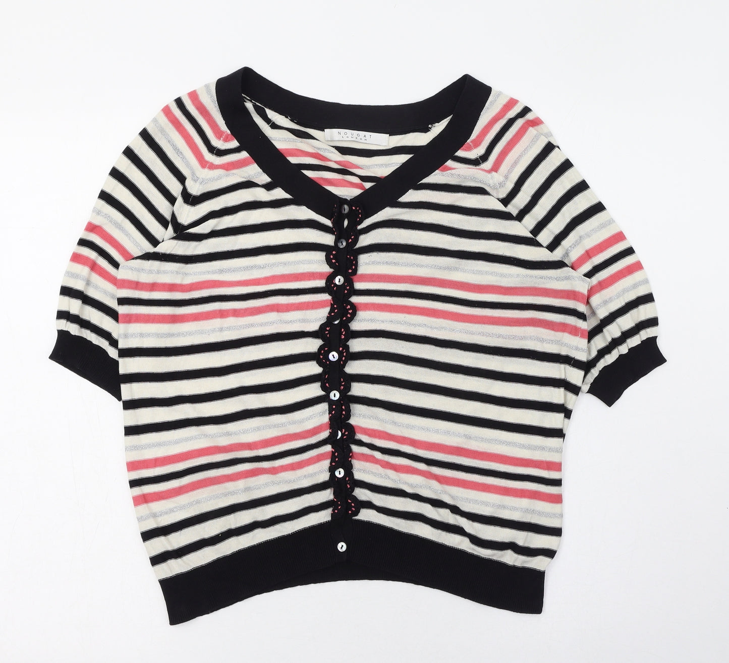 Nougat Womens Ivory Scoop Neck Striped Cotton Cardigan Jumper Size 4