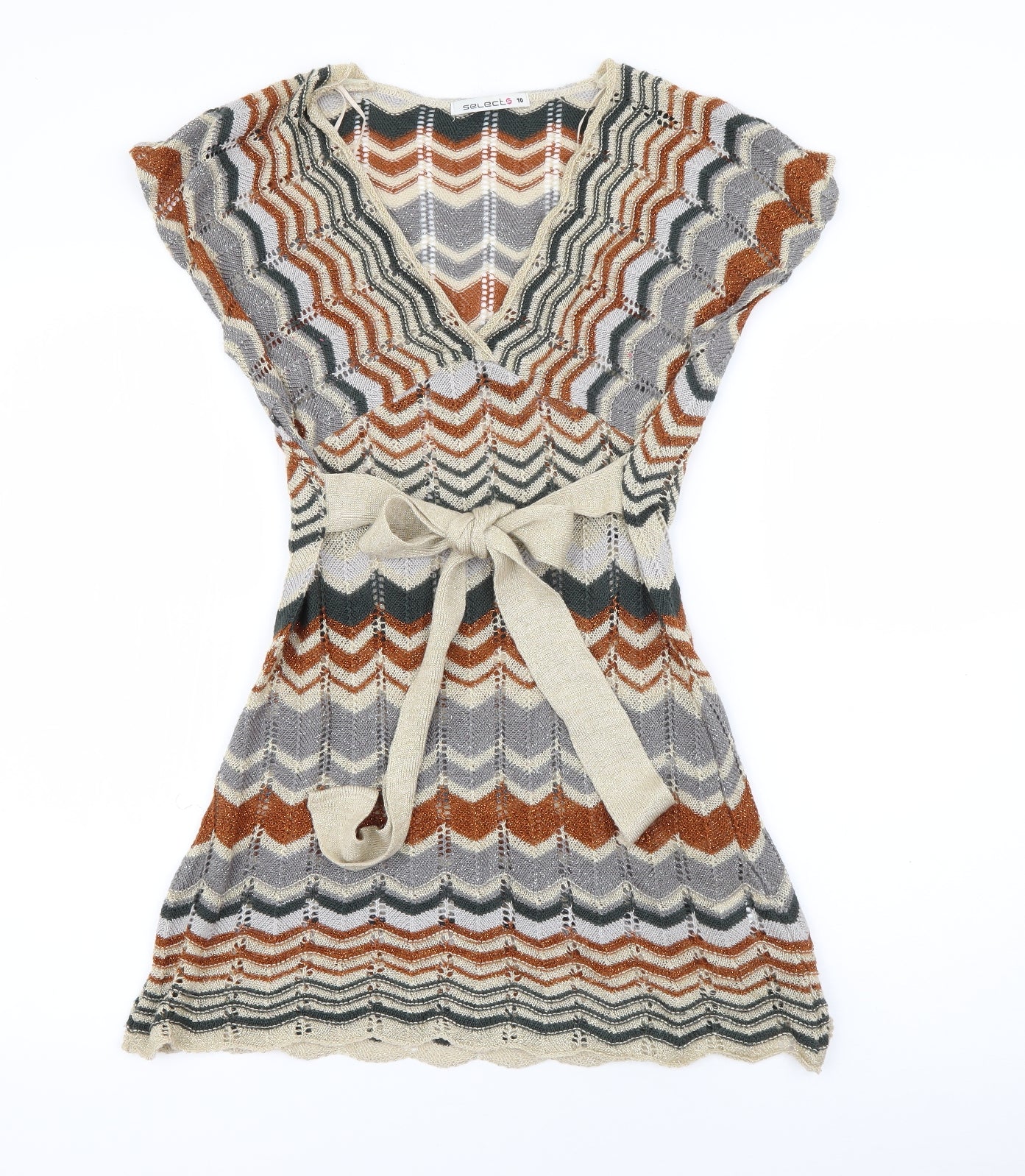 Select Womens Beige Geometric Acrylic Fit & Flare  Size 10  V-Neck Tie