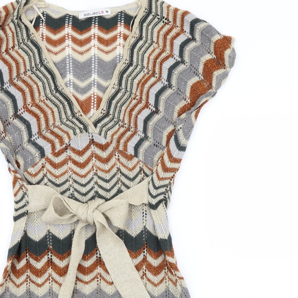 Select Womens Beige Geometric Acrylic Fit & Flare  Size 10  V-Neck Tie