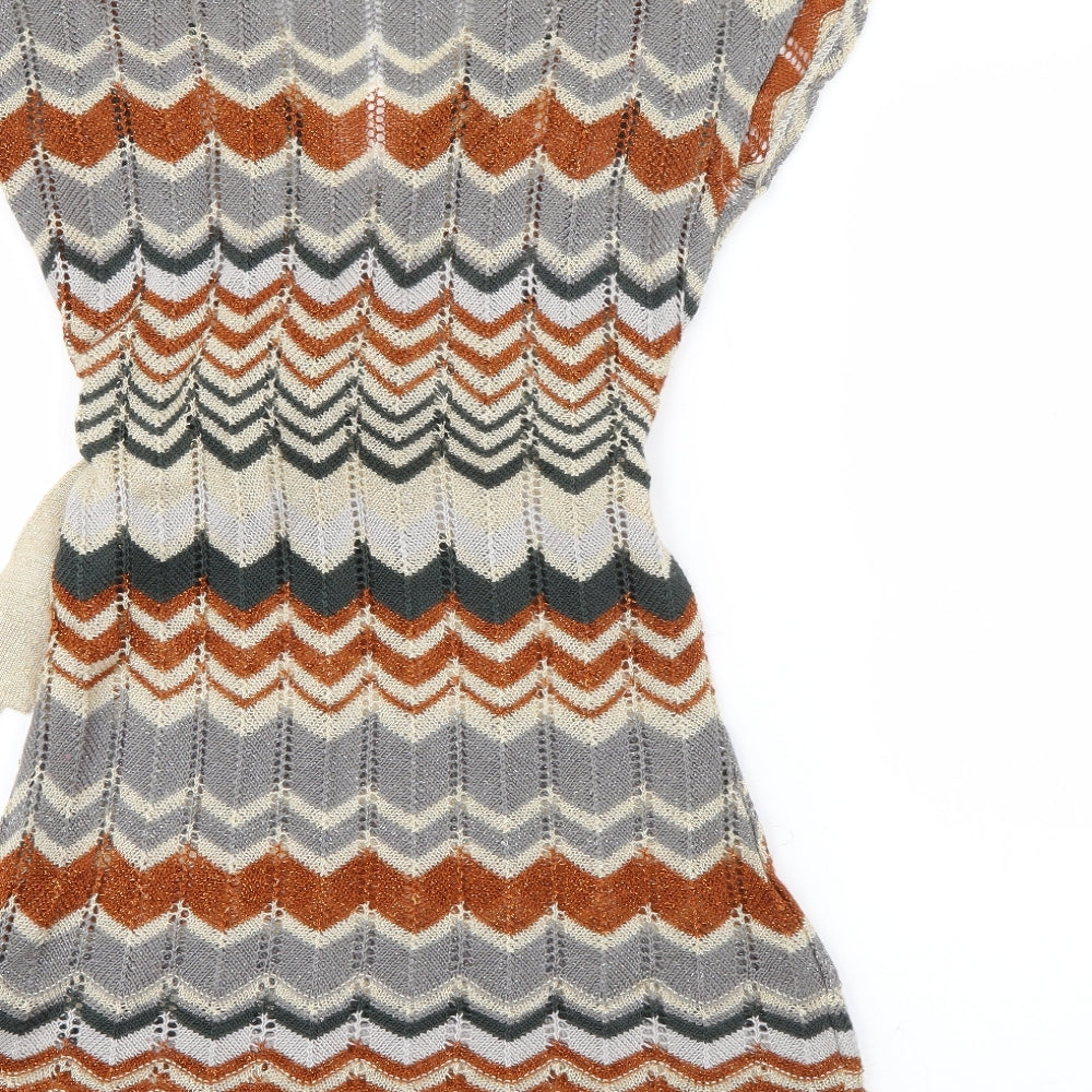 Select Womens Beige Geometric Acrylic Fit & Flare  Size 10  V-Neck Tie