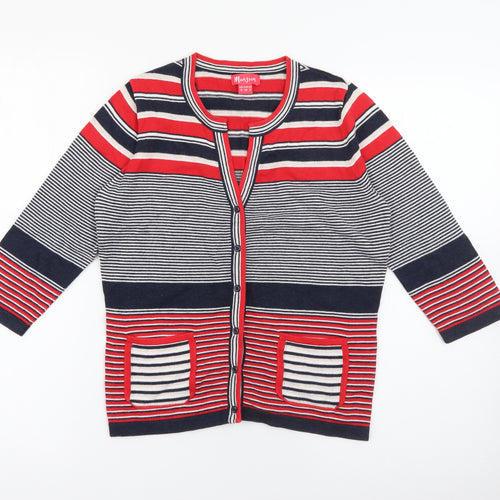 Monsoon Womens Red Round Neck Striped Cotton Cardigan Jumper Size 10