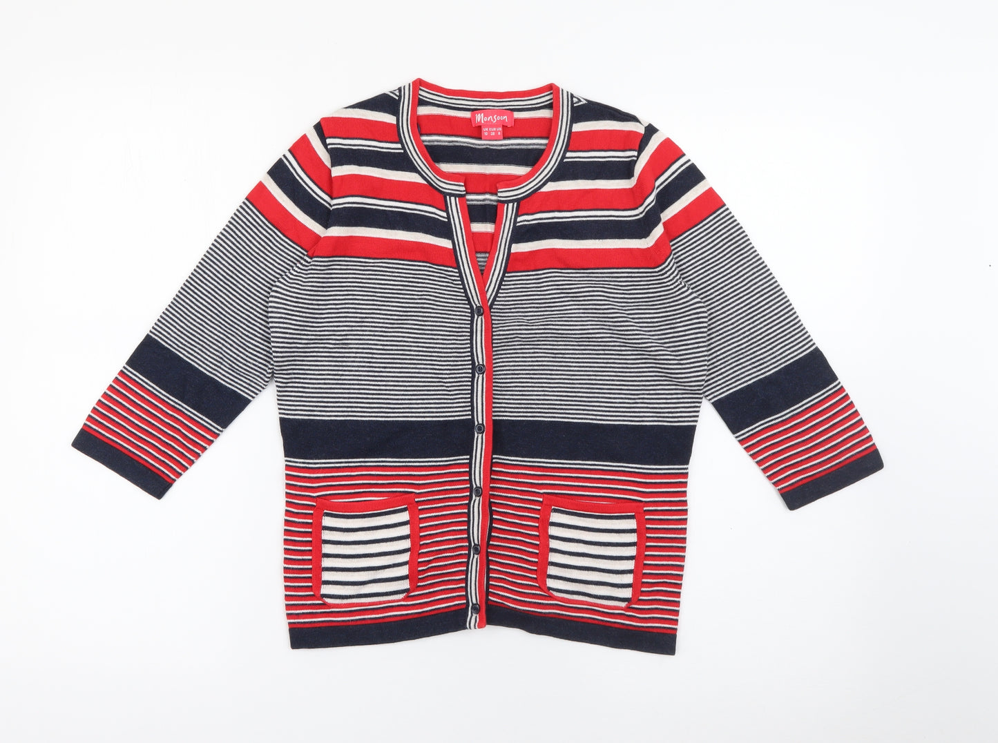 Monsoon Womens Red Round Neck Striped Cotton Cardigan Jumper Size 10