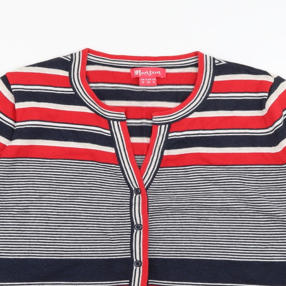 Monsoon Womens Red Round Neck Striped Cotton Cardigan Jumper Size 10