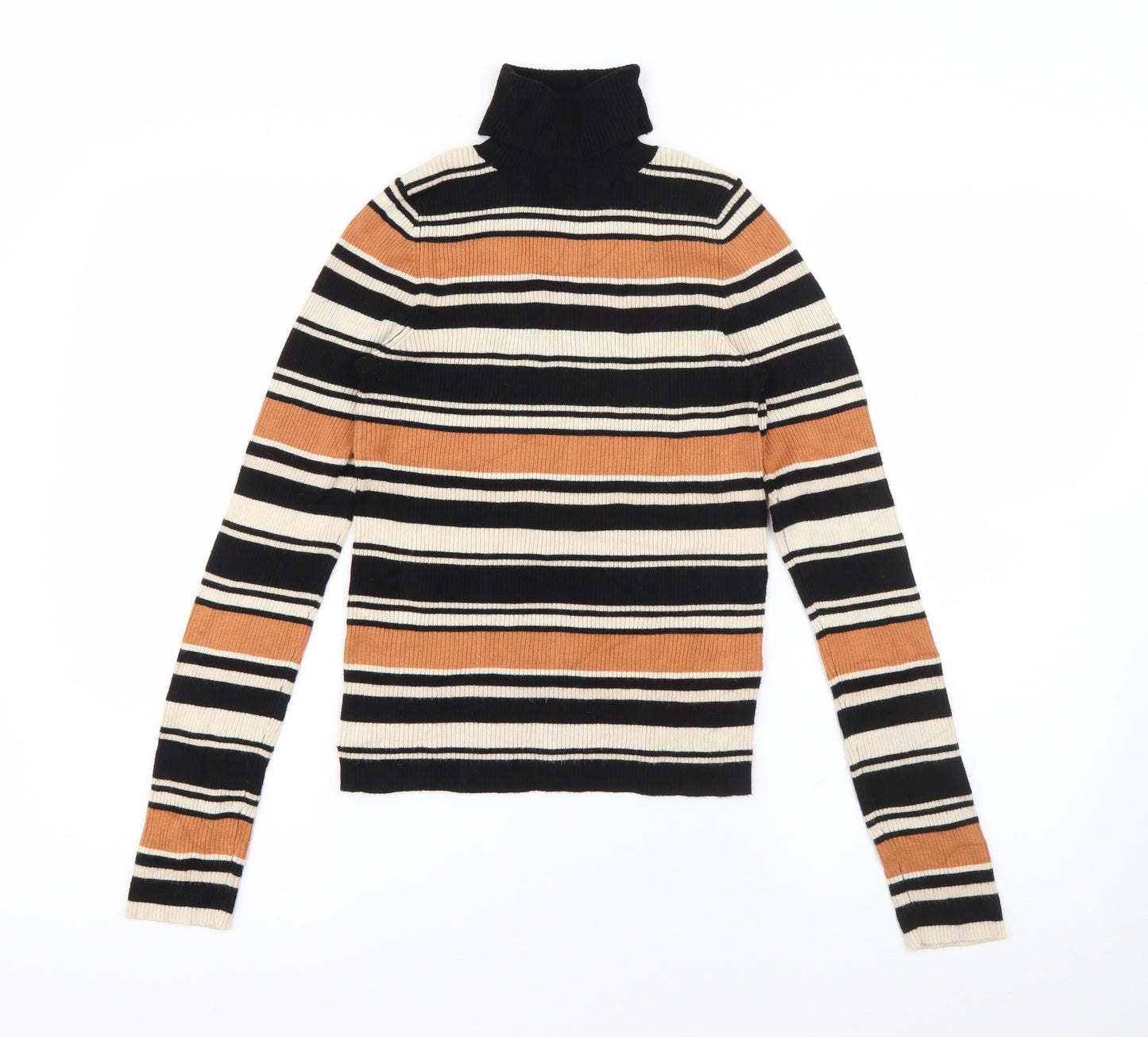 Miss Selfridge Womens Brown Roll Neck Striped Viscose Pullover Jumper Size 10