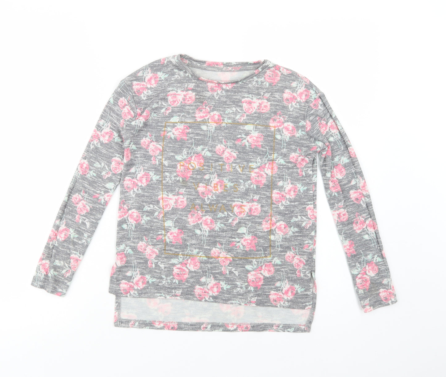 Primark Girls Grey Floral Polyester Basic Blouse Size 8-9 Years Crew Neck Pullover - Positive Vibes