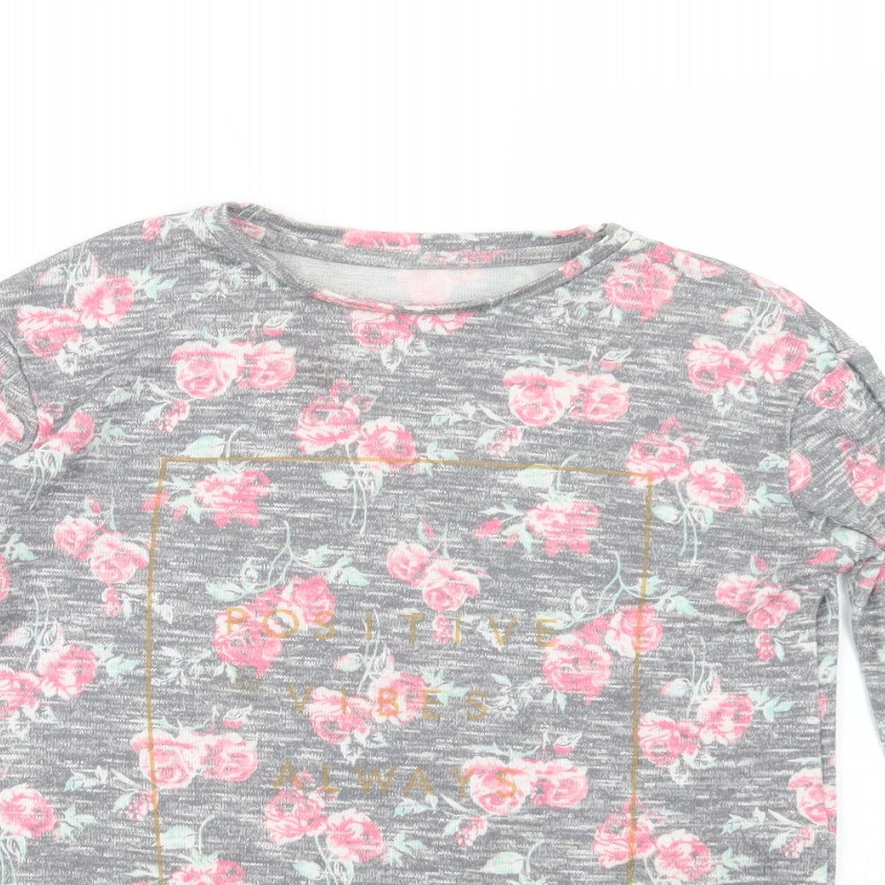 Primark Girls Grey Floral Polyester Basic Blouse Size 8-9 Years Crew Neck Pullover - Positive Vibes