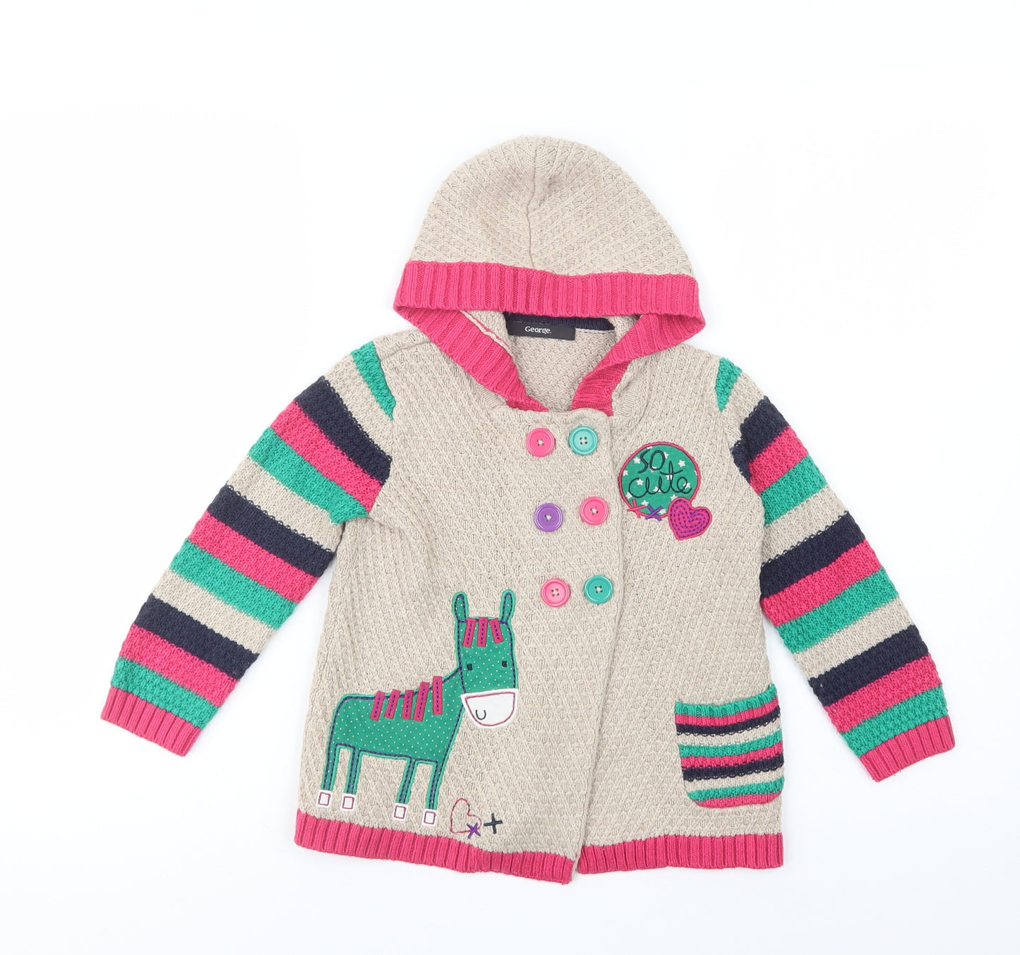 George Girls Beige Round Neck Striped Acrylic Cardigan Jumper Size 3-4 Years  Button - So Cute
