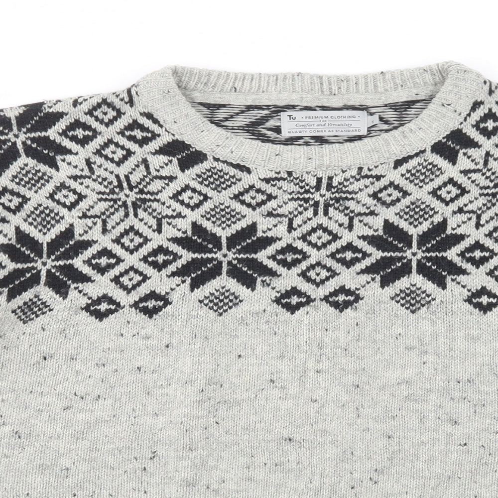 TU Mens Grey Crew Neck Fair Isle Acrylic Pullover Jumper Size S