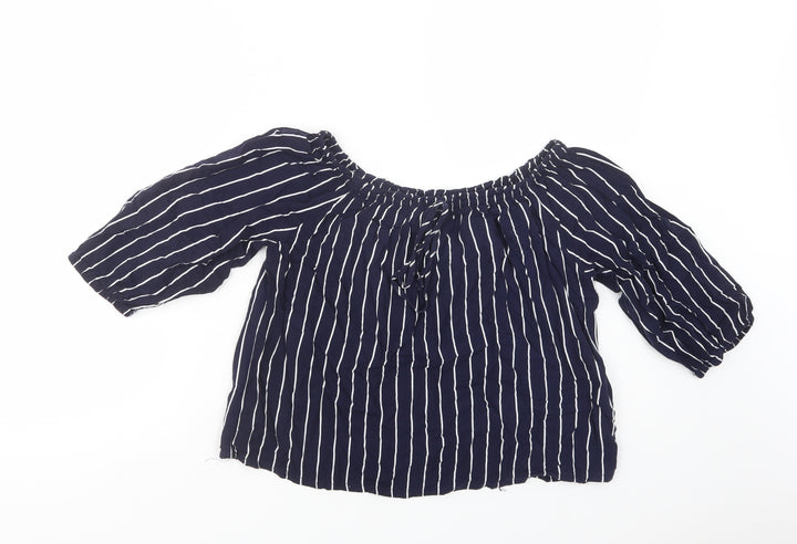 New Look Womens Blue Striped Viscose Basic Blouse Size 8 Off the Shoulder