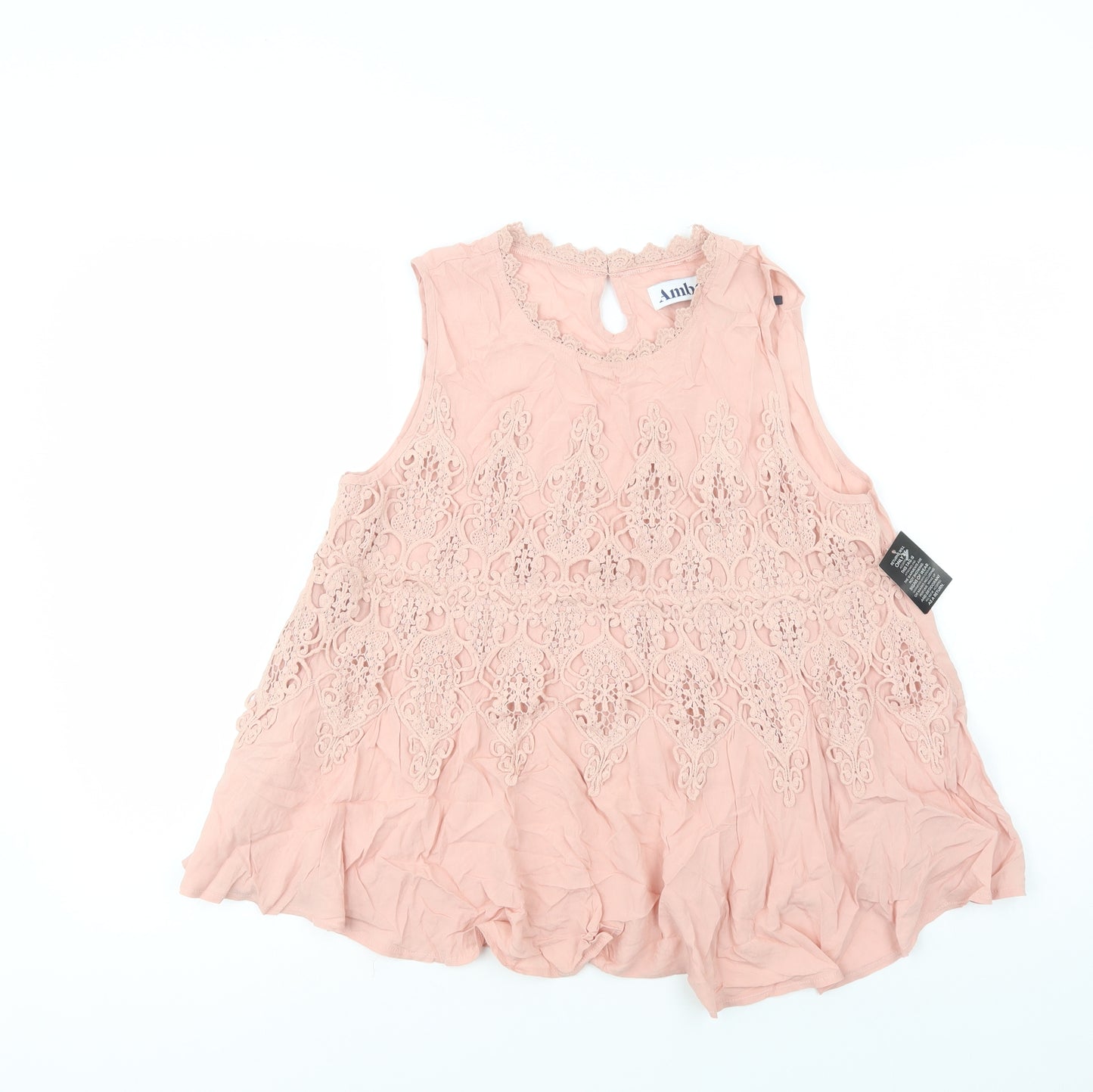 Amber Womens Pink  Viscose Basic Blouse Size M Crew Neck - Lace Detail