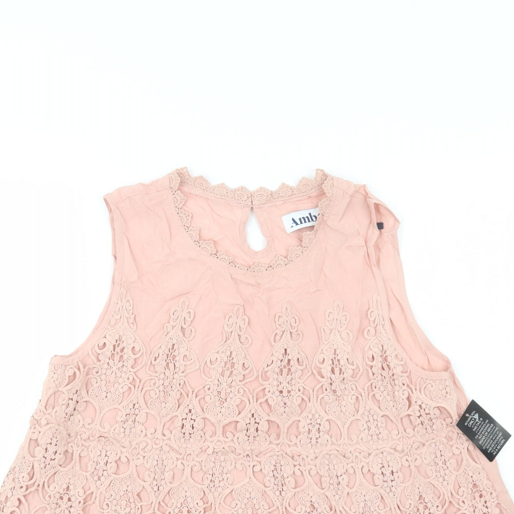Amber Womens Pink  Viscose Basic Blouse Size M Crew Neck - Lace Detail