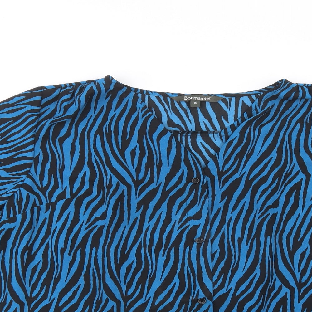 Bonmarché Womens Blue Animal Print Polyester Basic Button-Up Size 18 V-Neck