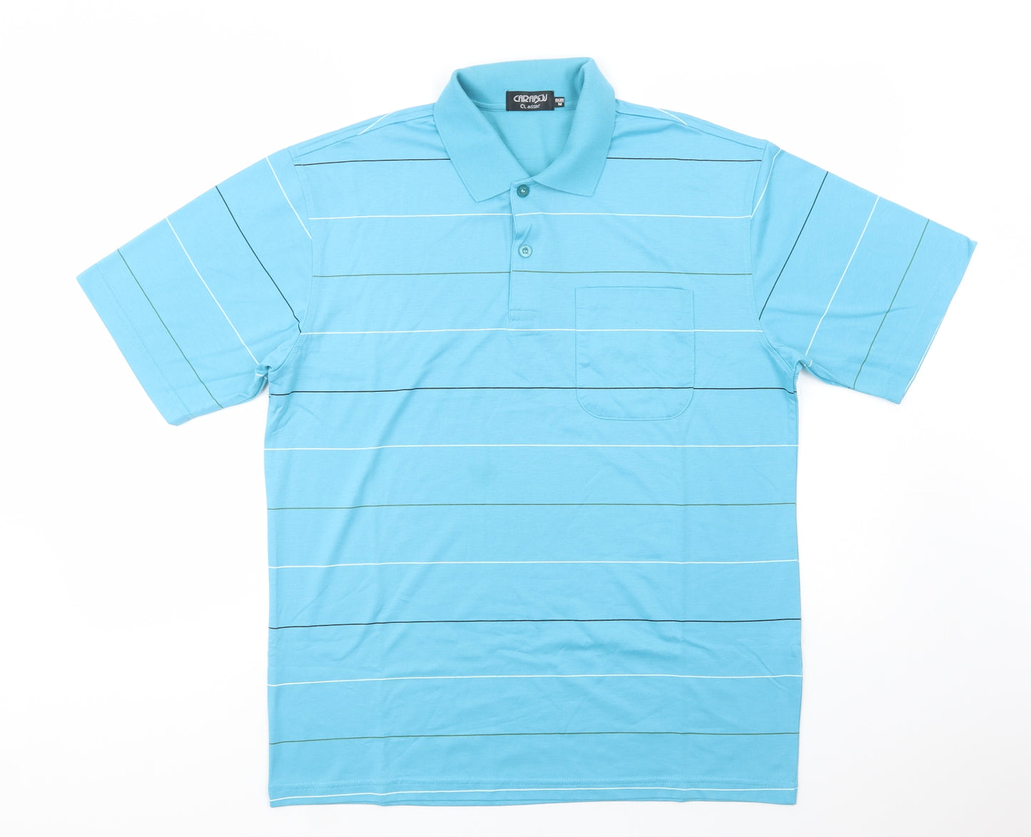 Carabou Mens Blue Striped Polyester  Polo Size M Collared Button