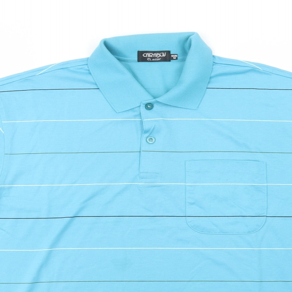 Carabou Mens Blue Striped Polyester  Polo Size M Collared Button
