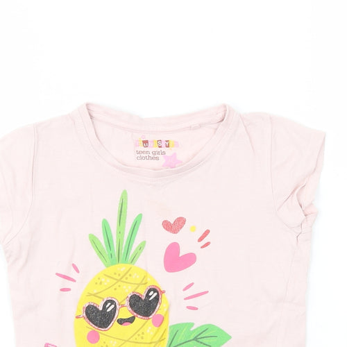 Young Style Girls Pink  Cotton Pullover T-Shirt Size 5-6 Years Crew Neck Pullover - Pineapple