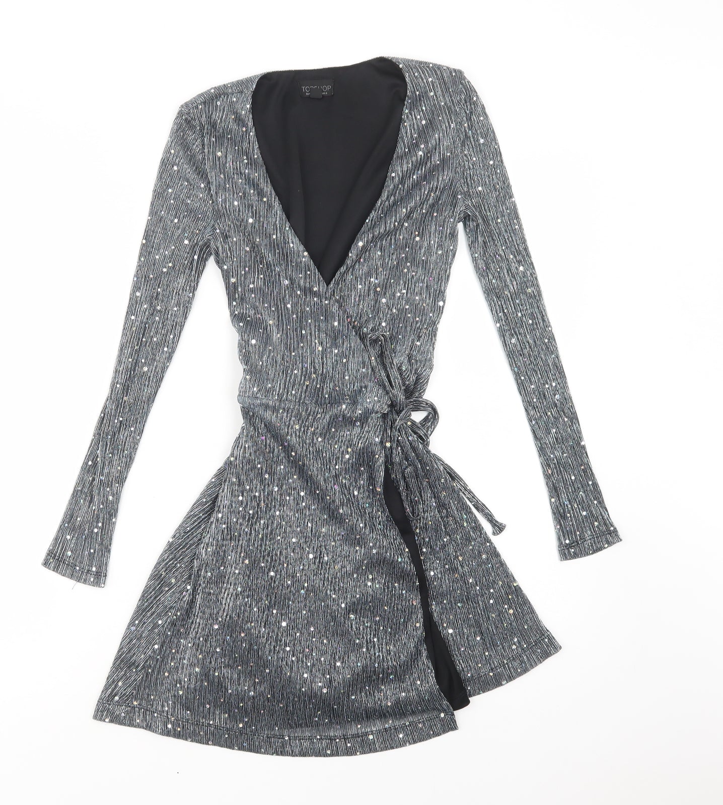 Topshop Womens Silver  Polyester Wrap Dress  Size 6  V-Neck Tie