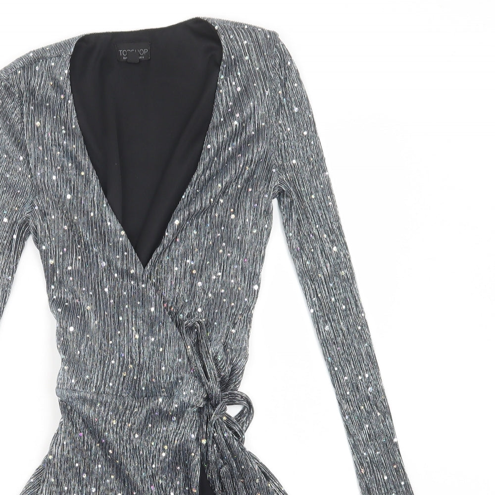Topshop Womens Silver  Polyester Wrap Dress  Size 6  V-Neck Tie