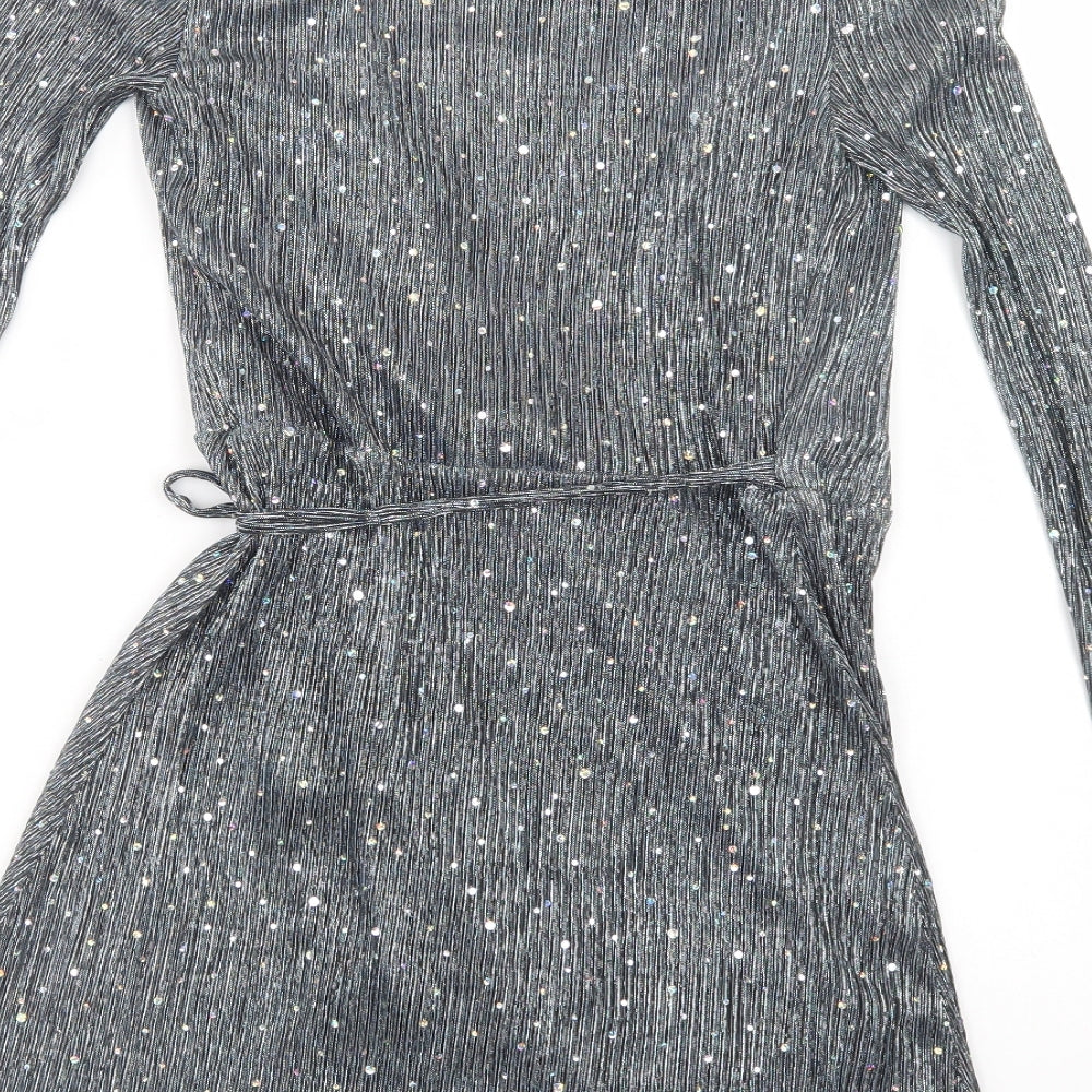 Topshop Womens Silver  Polyester Wrap Dress  Size 6  V-Neck Tie