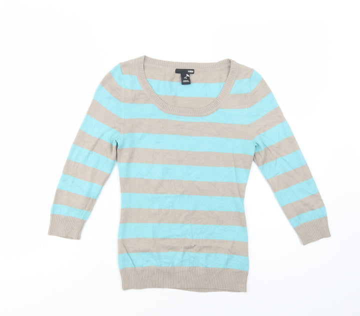 H&M Womens Blue Scoop Neck Striped Acrylic Pullover Jumper Size XS