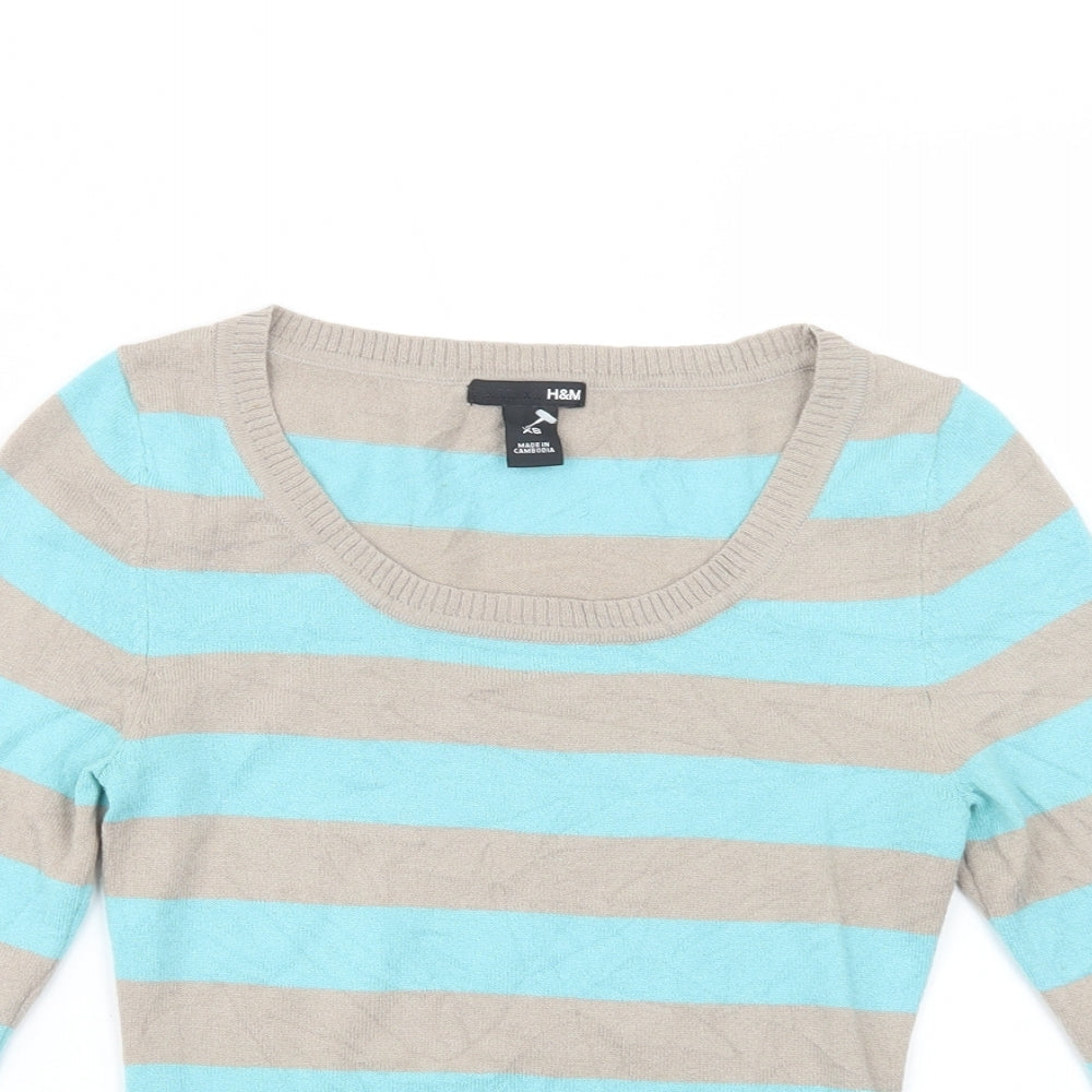 H&M Womens Blue Scoop Neck Striped Acrylic Pullover Jumper Size XS