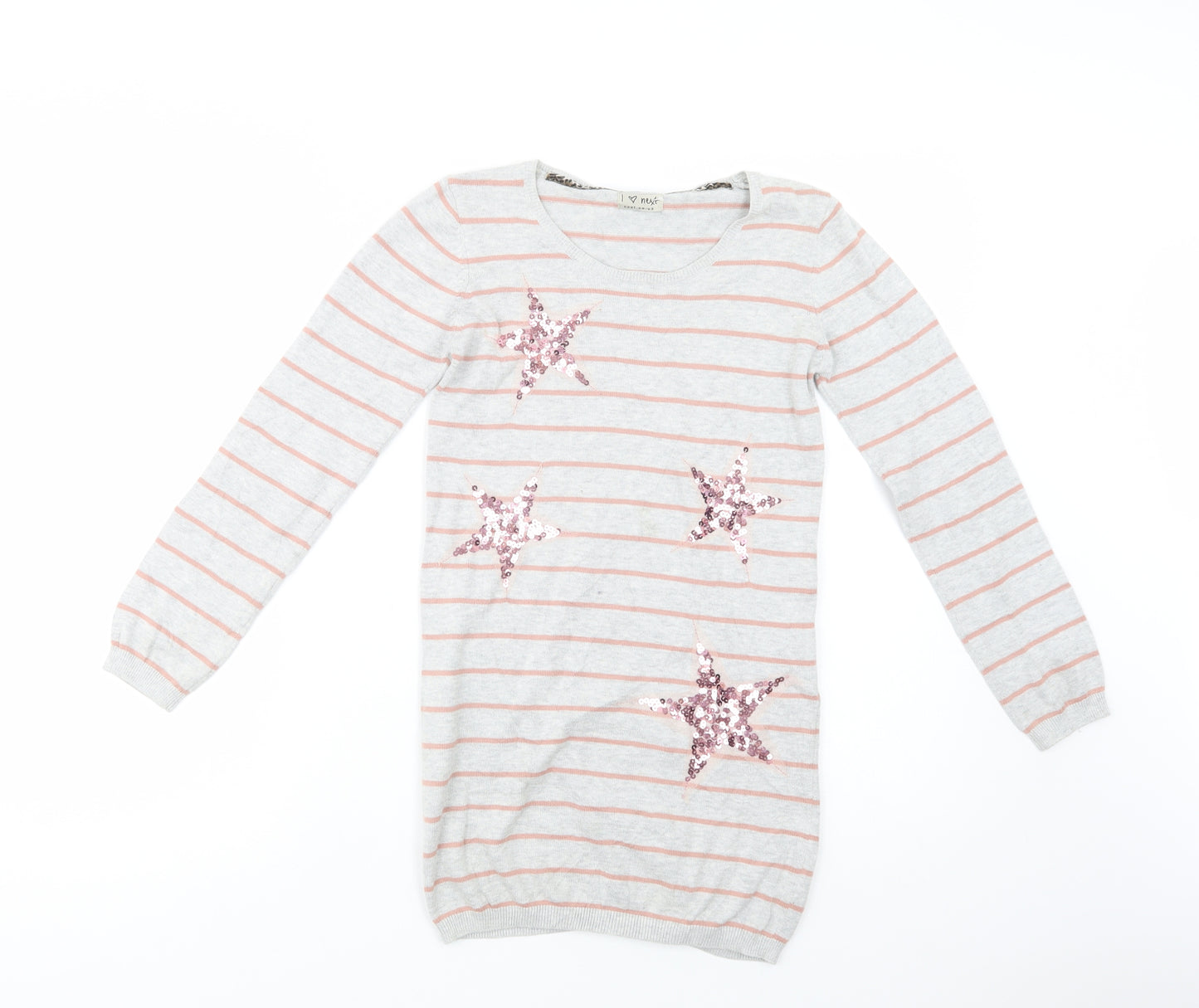 NEXT Girls Grey Crew Neck Striped Cotton Tunic Jumper Size 9-10 Years  Pullover - Stars