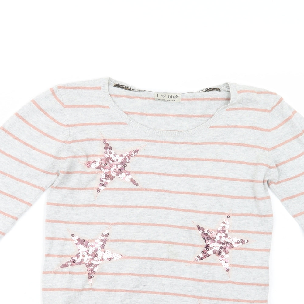 NEXT Girls Grey Crew Neck Striped Cotton Tunic Jumper Size 9-10 Years  Pullover - Stars