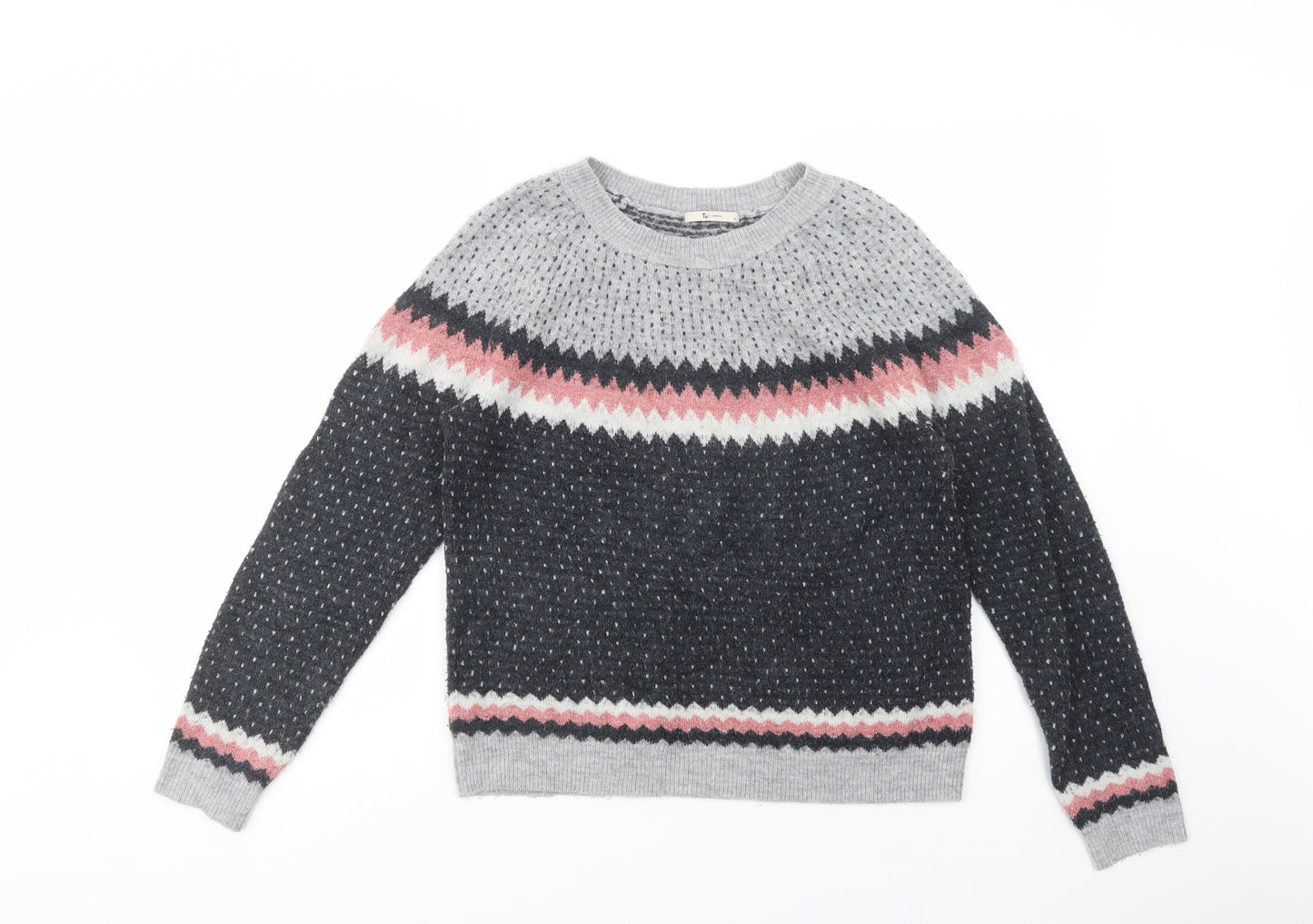 TU Womens Grey Crew Neck Fair Isle Acrylic Pullover Jumper Size 12