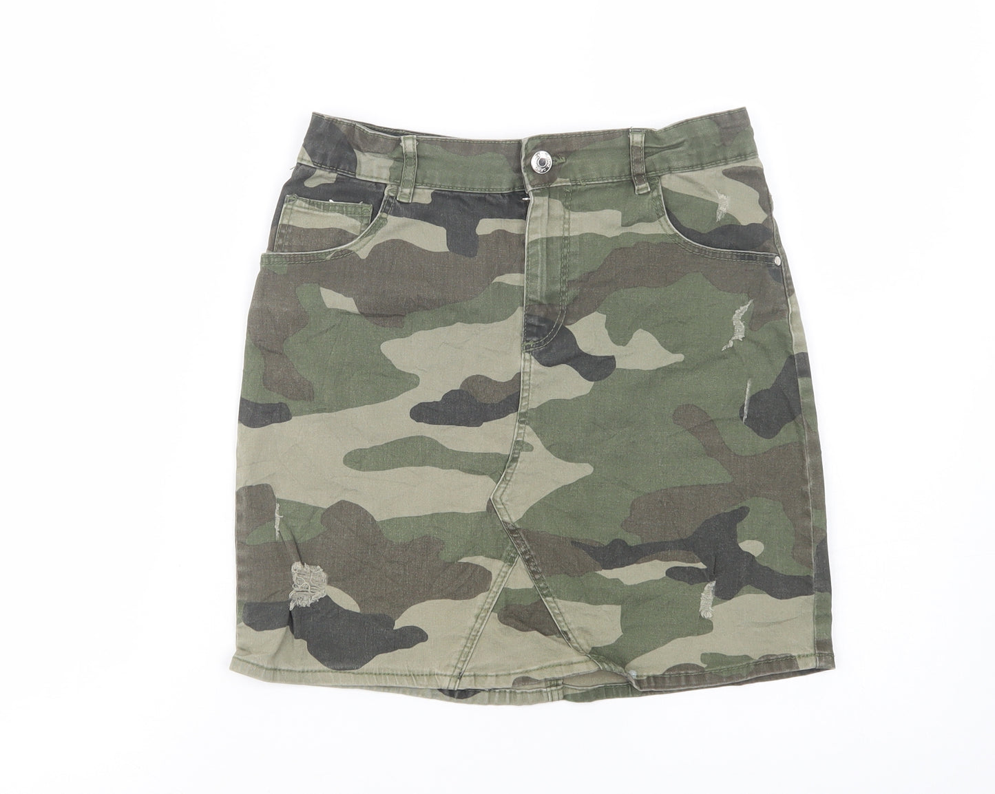 Denim Co. Girls Green Camouflage Cotton Mini Skirt Size 13-14 Years  Regular Button