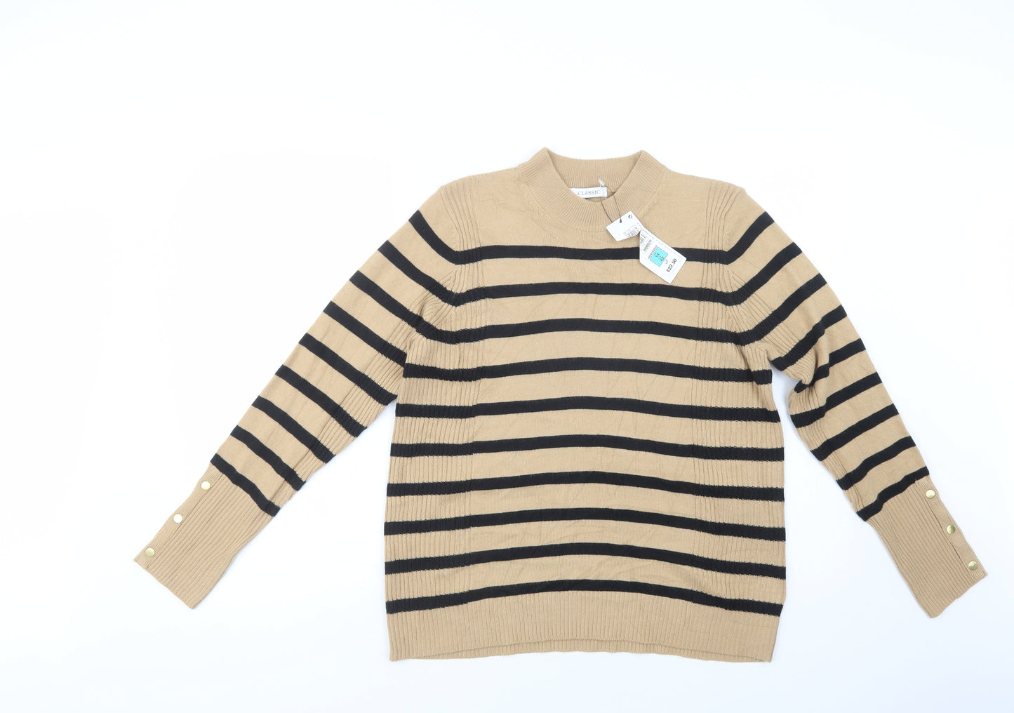 Marks and Spencer Womens Beige Mock Neck Striped Acrylic Pullover Jumper Size 14