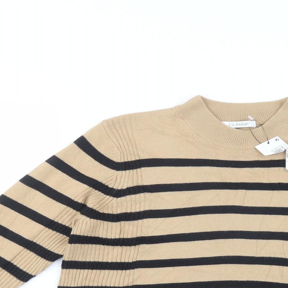 Marks and Spencer Womens Beige Mock Neck Striped Acrylic Pullover Jumper Size 14