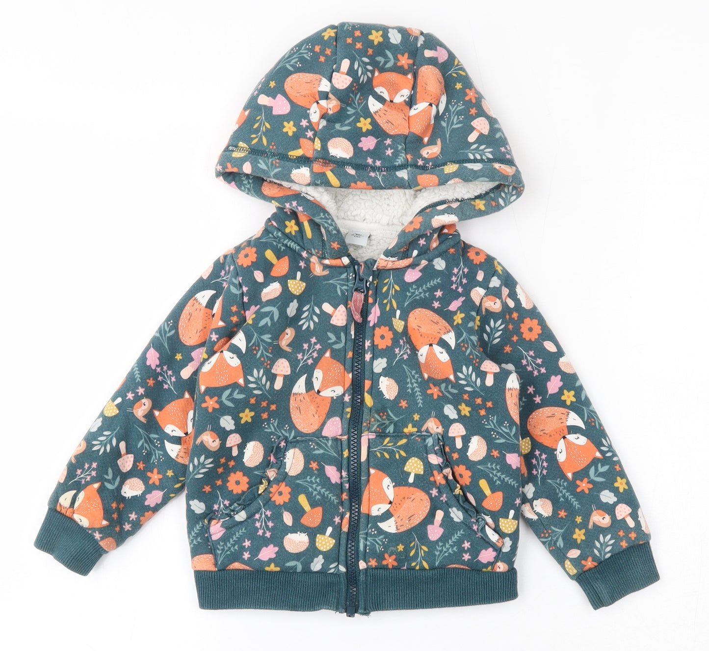 TU Girls Green Geometric Polyester Full Zip Jumper Size 18-24 Months  Zip