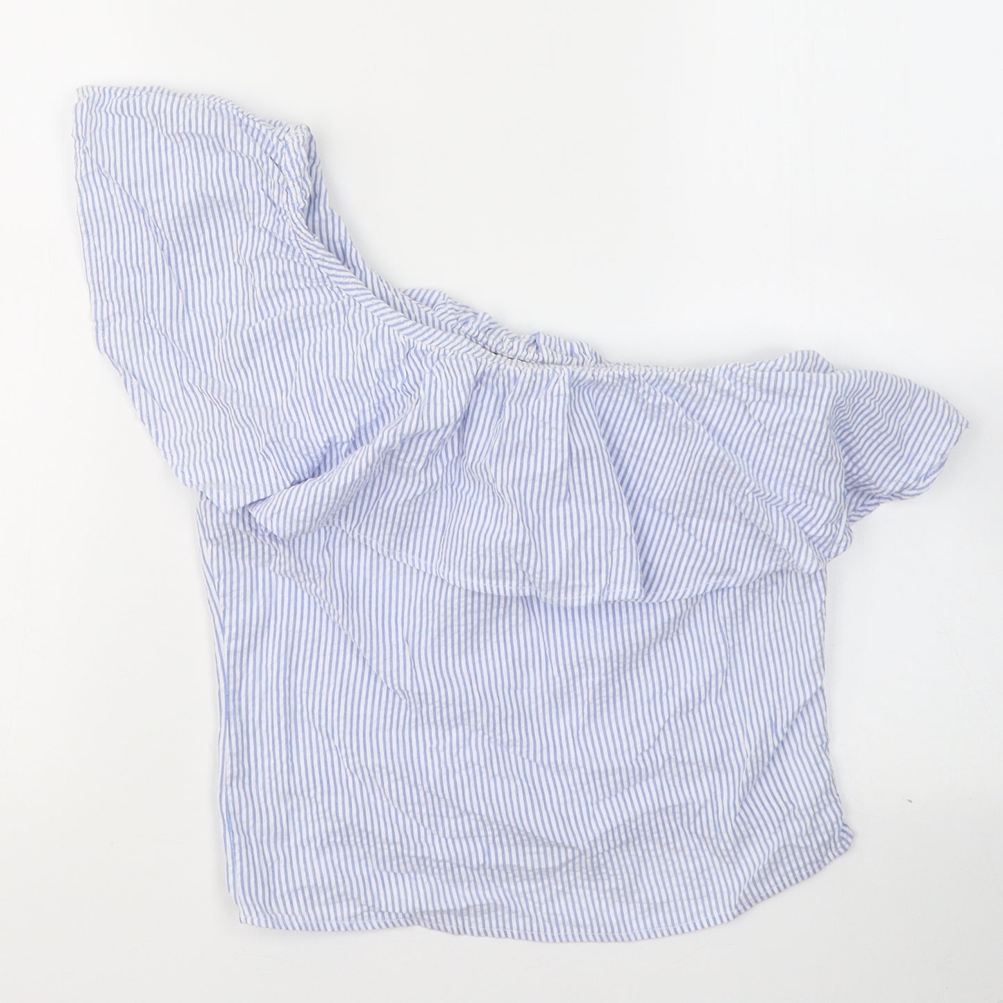 Bershka Womens Blue Striped Polyester Jersey Blouse Size S One Shoulder