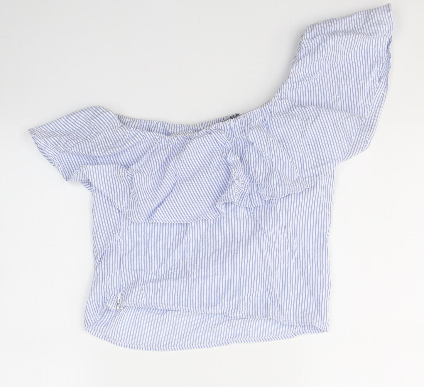 Bershka Womens Blue Striped Polyester Jersey Blouse Size S One Shoulder