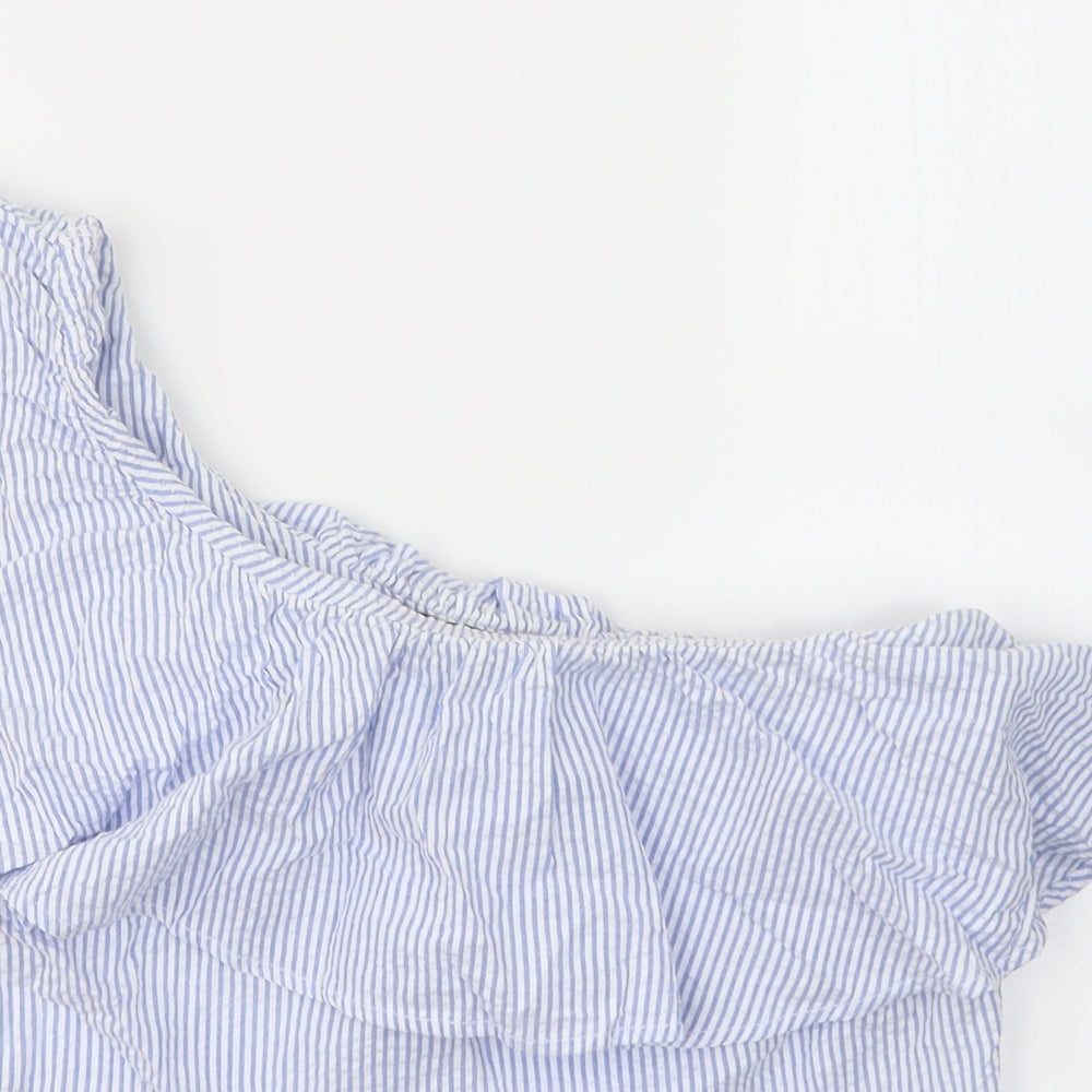 Bershka Womens Blue Striped Polyester Jersey Blouse Size S One Shoulder