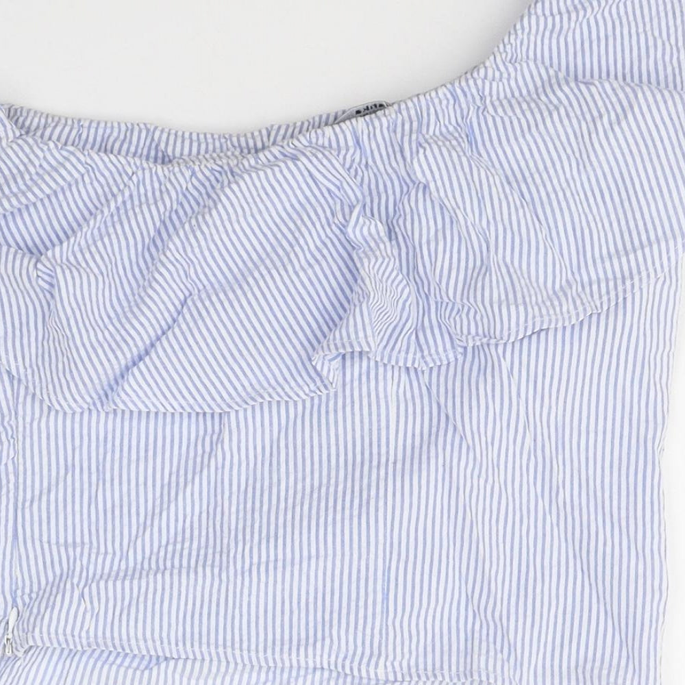 Bershka Womens Blue Striped Polyester Jersey Blouse Size S One Shoulder