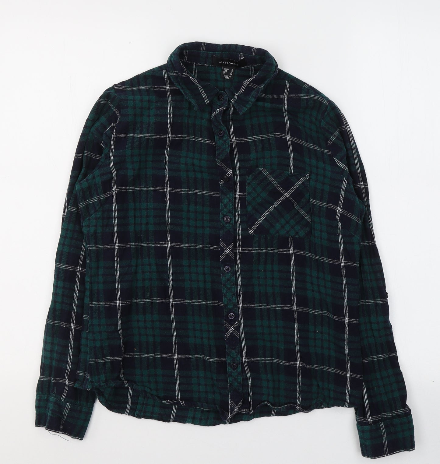 Atmosphere Womens Green Plaid Cotton Basic Button-Up Size 8 Collared