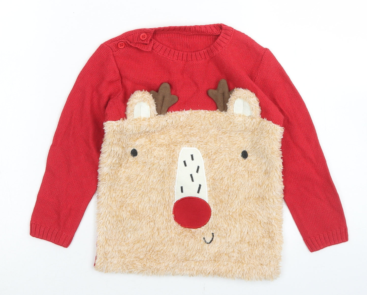 George Girls Red  Cotton Pullover Jumper Size 18-24 Months  Button - Reindeer Christmas