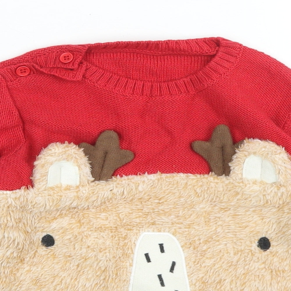 George Girls Red  Cotton Pullover Jumper Size 18-24 Months  Button - Reindeer Christmas