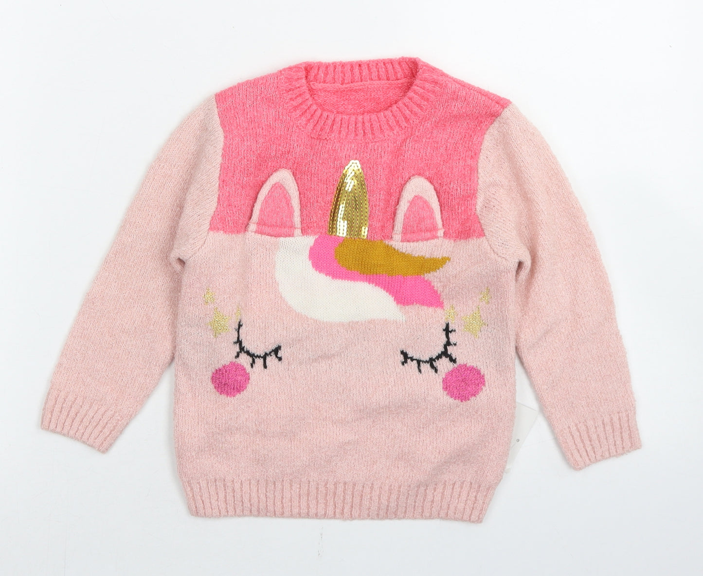 George Girls Pink Colourblock Polyester Pullover Jumper Size 18-24 Months   - Unicorn