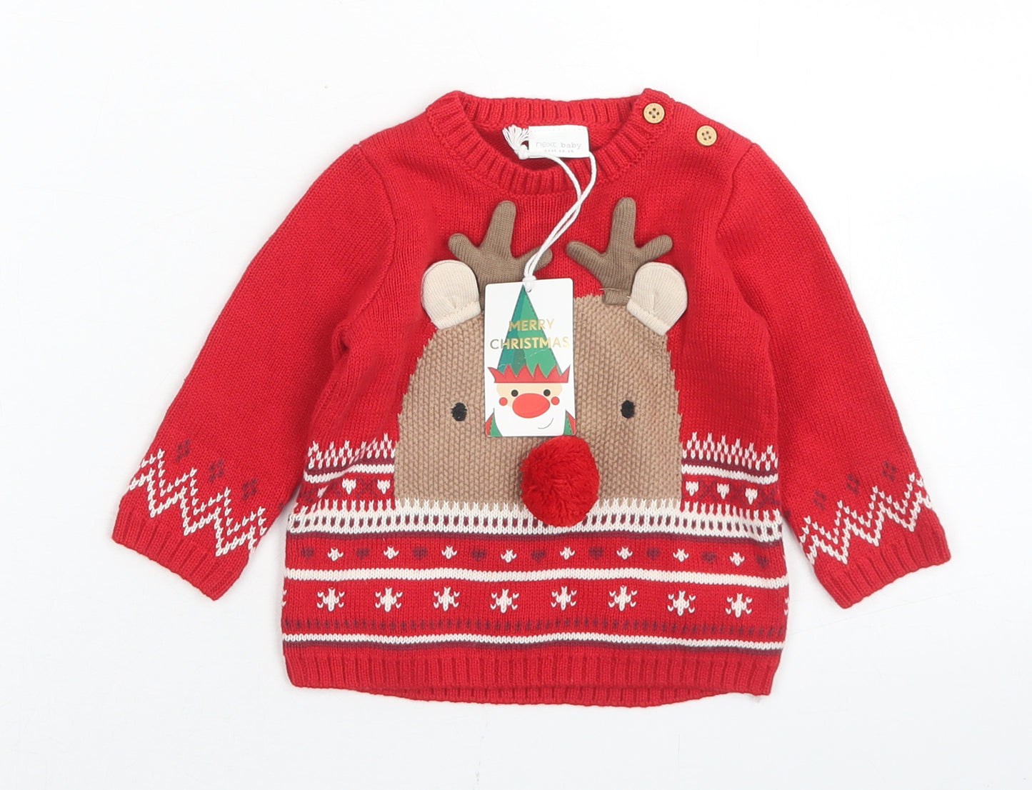 NEXT Girls Red Fair Isle Cotton Pullover Jumper Size 3-6 Months  Button - Christmas Reindeer