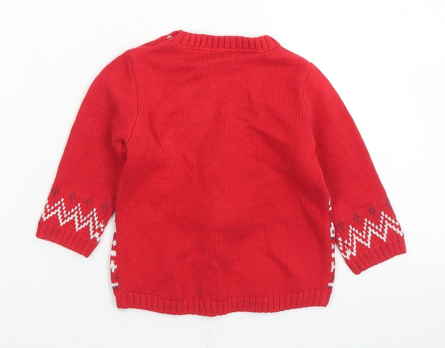 NEXT Girls Red Fair Isle Cotton Pullover Jumper Size 3-6 Months  Button - Christmas Reindeer