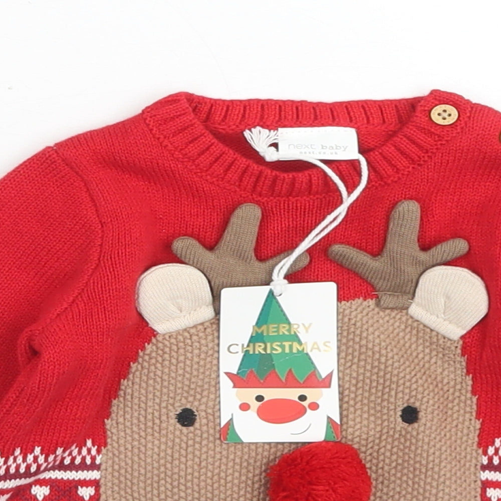 NEXT Girls Red Fair Isle Cotton Pullover Jumper Size 3-6 Months  Button - Christmas Reindeer