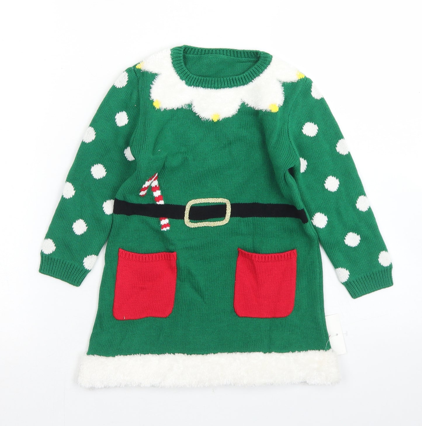 George Girls Green Polka Dot Cotton Fit & Flare  Size 3-4 Years  Crew Neck  - Christmas Elf