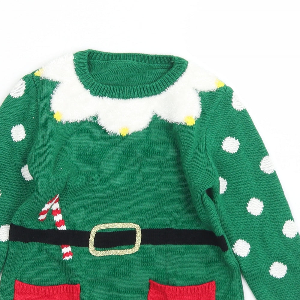 George Girls Green Polka Dot Cotton Fit & Flare  Size 3-4 Years  Crew Neck  - Christmas Elf