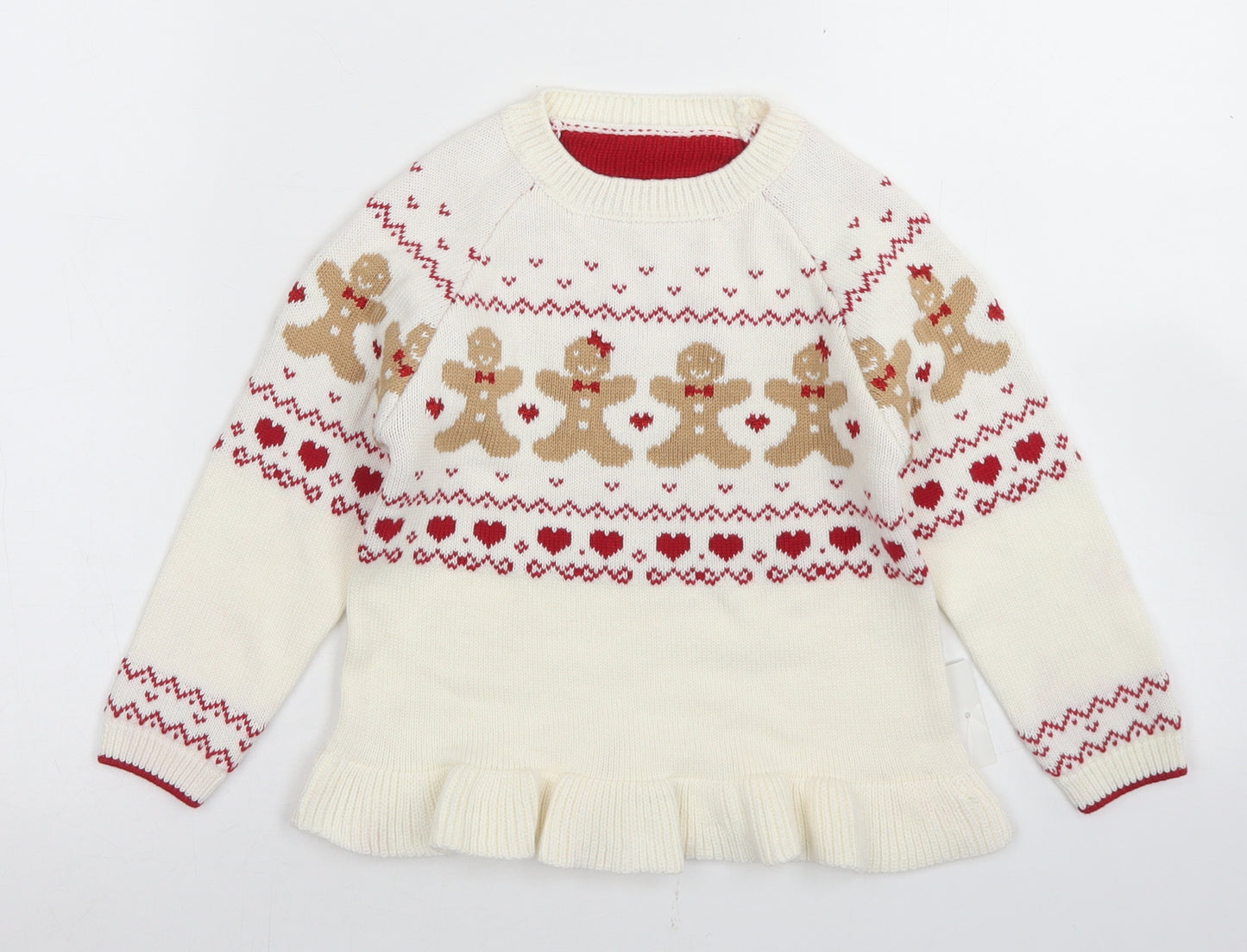 George Girls White Crew Neck Fair Isle Cotton Pullover Jumper Size 3-4 Years   - Gingerbread Christmas