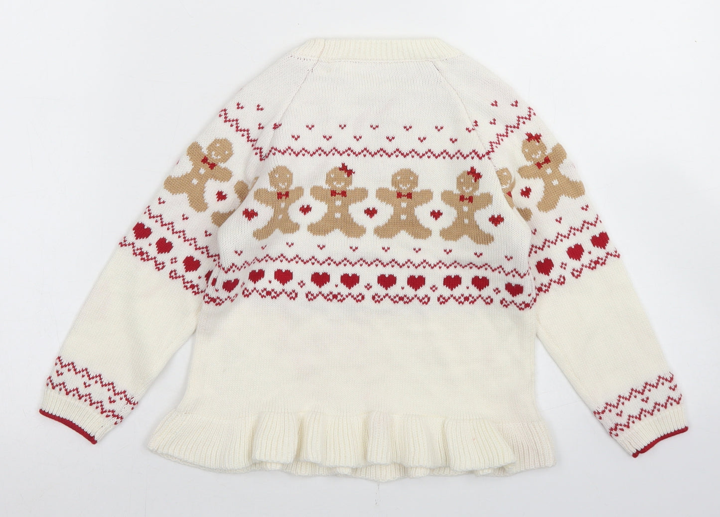 George Girls White Crew Neck Fair Isle Cotton Pullover Jumper Size 3-4 Years   - Gingerbread Christmas